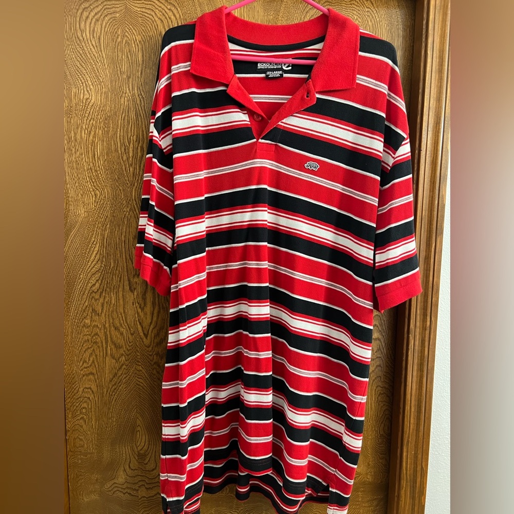 Ecko Unlimited, short sleeved polo. Red with black and white stripes. Size 2XL
